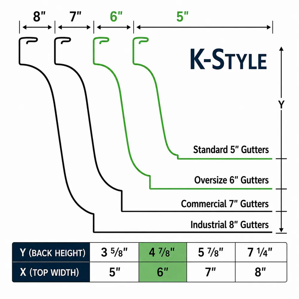 K-style gutter size comparison showing 5 inch standard, 6 inch oversized, 7 inch commercial and 8 inch industrial gutter profiles with top width and back height measurements
