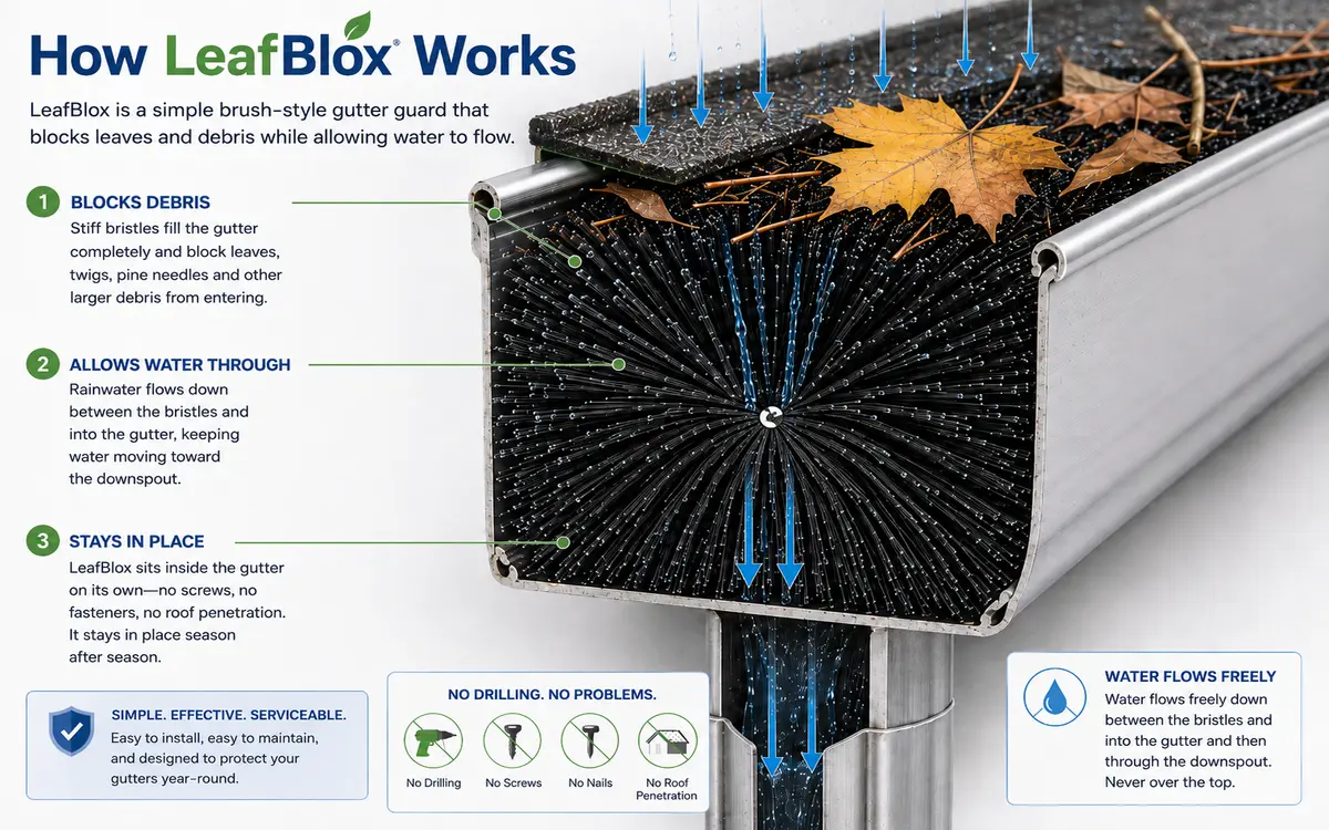 Diagram showing how LeafBlox brush gutter guards fill the gutter, block leaves and debris, and allow rainwater to flow through the bristles into the downspout